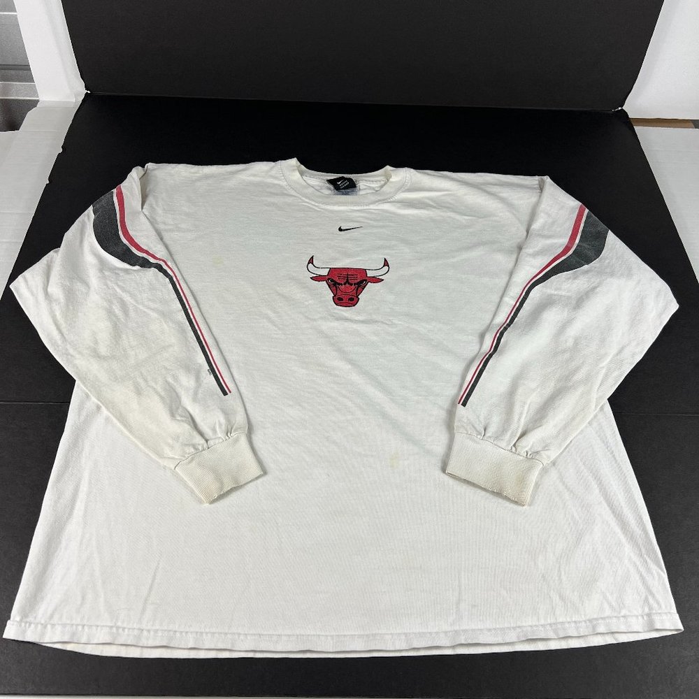 VTG Nike Chicago Bull Center Swoosh Shirt Extra Large Biege Thrashed Long Sleeve